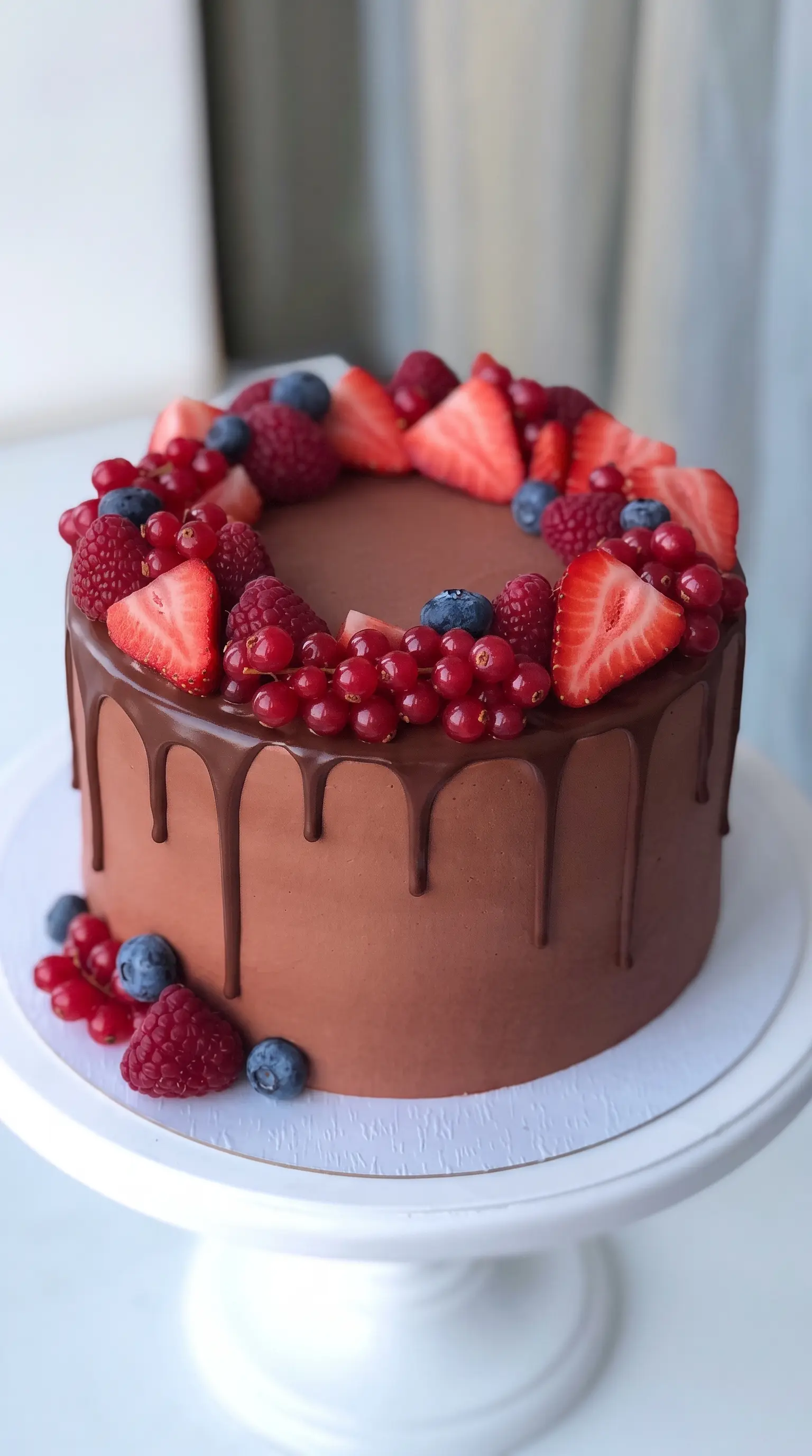 Chocolate drip celebration cake decorated with strawberries, raspberries, blueberries and redcurrants